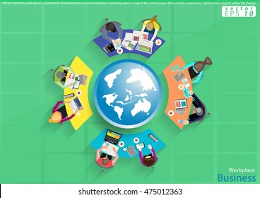 Vector business work places , teamwork, brainstorming, business analysis, marketing plan, a map of the world, paper files, mobile notebooks, tablets and a cup of coffee flat design