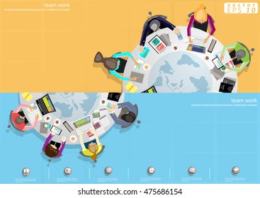 Vector business work places , teamwork, brainstorming, business analysis, marketing plan, a map of the world, paper files, mobile notebooks, tablets and a cup of coffee flat design