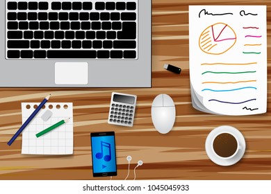 vector of business working table work space top view with computer and pencil, stick note, cup of coffee on table , vector eps 10