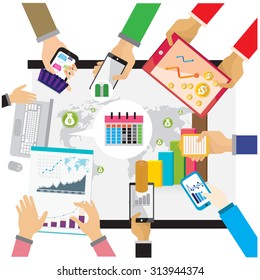 vector Business workplace with people hand, cup of coffee, digital tablet, smartphone, papers and various office objects on table. Flat design vector illustration. on white background