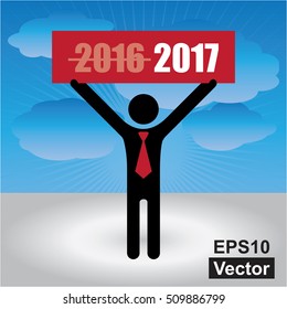 Vector : Businessman With 2016 and 2017 Sign on Hand in Blue Sky Background