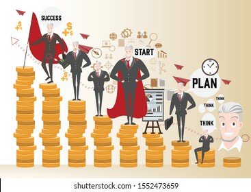 vector businessman and advancement on gold coin graph with strategy concept and Business growth idea with stock market design,start up plan and growth of career with man in brown suite and 
red arrow.