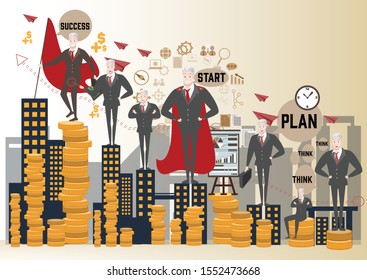 vector businessman and advancement on gold coin graph with strategy concept and Business growth idea with stock market design,start up plan and growth of career with rocket paper and town background.