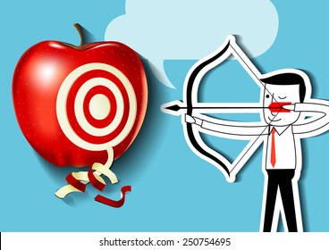 Vector of businessman as an archer is aiming at a red apple target