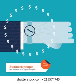 Vector businessman around the clock with money signs. Vector illustration Eps10 file. Global colors. Text and Texture in separate layers.