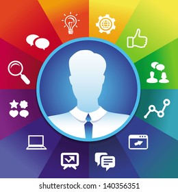 Vector businessman avatar in circle frame and social media icons - internet marketing concept