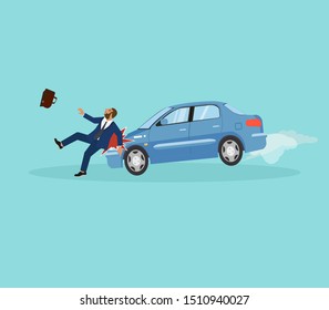 Vector of a businessman being hit by a car. Road accidents safety and insurance concept 