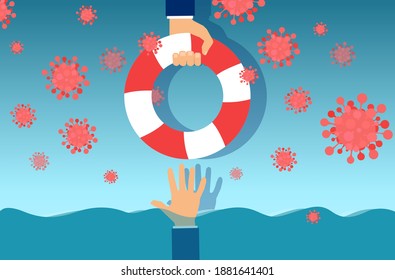 Vector of a businessman being rescued with life buoy during coronavirus economic crisis