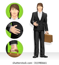 Vector businessman in black suit without a tie holding a briefcase, longhair Caucasian