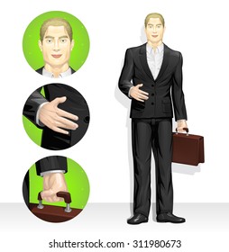 Vector businessman in black suit without a tie holding a briefcase, Blond Caucasian