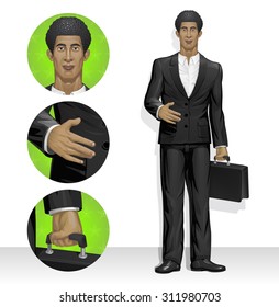 Vector businessman in black suit without a tie holding a briefcase, half Black