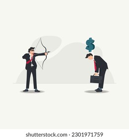 Vector businessman with blindfold aiming to shoot at money symbol on another businessman. Business competition and risk concept illustration