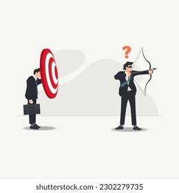 Vector businessman with blindfold trying to shoot the target but wrong direction. Business without vision and mission concept illustration