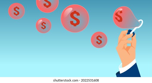 Vector of a businessman blowing dollar bubbles on blue background 
