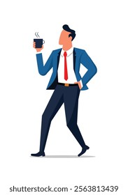 Vector of a businessman in blue blazer, white shirt, red tie, holding coffee. Ideal for business lifestyle, corporate culture, or casual work setting themes