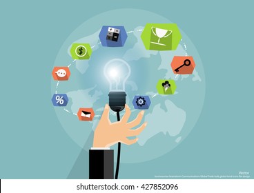 Vector businessman brainstorm Communications Global Trade bulb globe hand icons flat design