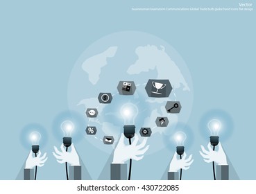 Vector businessman brainstorm Communications Global Trade bulb globe hand icons flat design