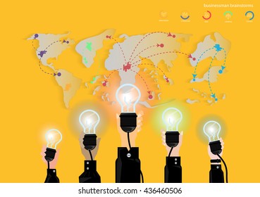 Vector Businessman brainstorming bulb icon and world map flat design