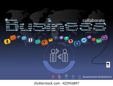 Vector Businessman brainstorming bulb world map icons of applications flat design