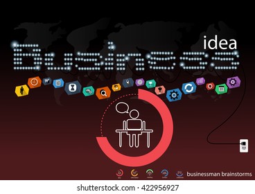 Vector Businessman brainstorming bulb world map icons of applications flat design