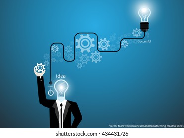 Vector businessman brainstorming creative ideas with bulb brain cogs flat design