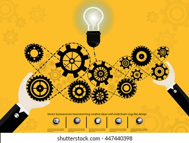 Vector businessman brainstorming creative ideas with bulb brain cogs flat design