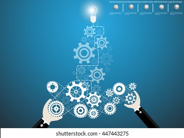 Vector businessman brainstorming creative ideas with bulb brain cogs flat design