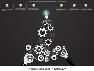 Vector businessman brainstorming creative ideas with bulb brain cogs flat design