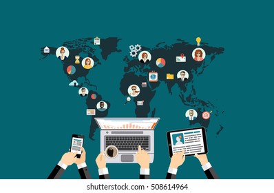 Vector businessman brainstorming ideas for communicating global trade flat design