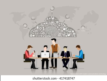 Vector Businessman brainstorming for ideas The components of the icons in the trading and marketing a Notebook file and task, leveraging the world  flat design