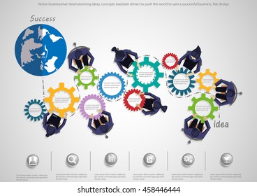 Vector businessman brainstorming ideas, concepts backlash driven to push the world to spin a successful business, flat design.
