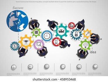 Vector businessman brainstorming ideas, concepts backlash driven to push the world to spin a successful business, flat design.