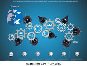 Vector businessman brainstorming ideas, concepts backlash driven to push the world to spin a successful business, flat design.