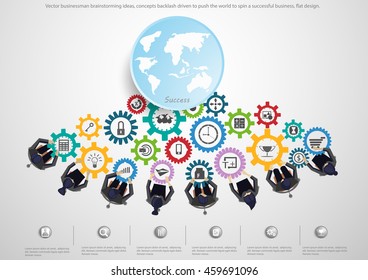 Vector businessman brainstorming ideas, concepts backlash driven to push the world to spin a successful business, flat design.