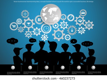 Vector businessman brainstorming ideas, concepts backlash driven to push the world to spin a successful business, flat design.