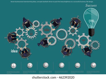 Vector businessman brainstorming ideas, concepts backlash driven to push the lamp brightness to a successful business, flat design.