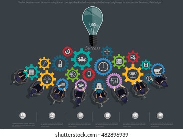 Vector businessman brainstorming ideas, concepts backlash driven to push the lamp brightness to a successful business, flat design.