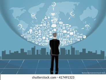 Vector Businessman brainstorming for ideas Global Marketing And icons Together with business flat design