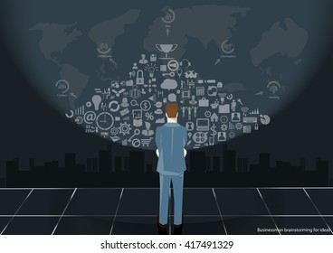 Vector Businessman brainstorming for ideas Global Marketing And icons Together with business flat design