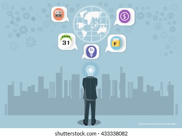 Vector Businessman brainstorming for ideas Global Marketing And icons Together with business flat design
