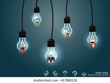 Vector Businessman brainstorming ideas for a light notebook , mobile tablet pen, pencil, diary, files and cup of coffee flat design