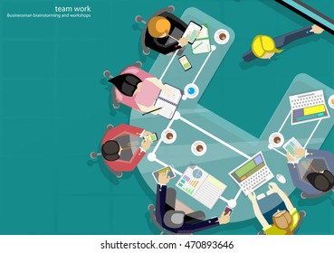 Vector Businessman brainstorming ideas for a mobile phone, tablet, laptop, diary, pencil and cup of coffee flat design