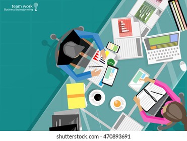 Vector Businessman brainstorming ideas for a mobile phone, tablet, laptop, diary, files, pencils, paper and a cup of coffee flat design