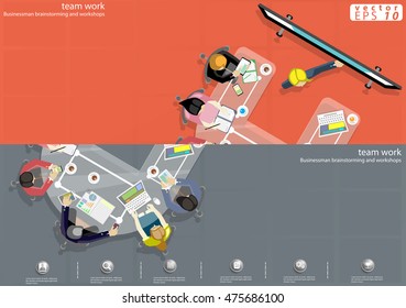 Vector Businessman brainstorming ideas with a mobile phone, tablet, laptop, diary, pencil and cup of coffee flat design