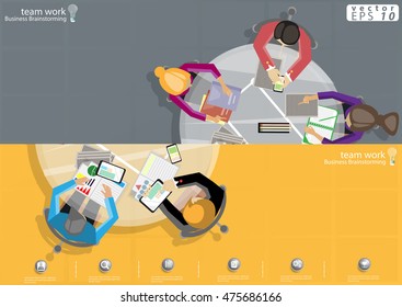 Vector Businessman brainstorming ideas with a mobile tablet, pencil, paper files and a cup of coffee flat design