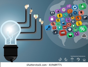 Vector Businessman brainstorming for ideas Modern communication technologies bulb mobile tablet world map and icon flat design
