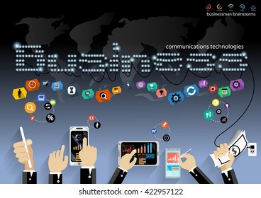 Vector Businessman brainstorming for ideas Modern communication technologies bulb mobile tablet world map and icon flat design