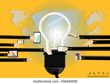 Vector Businessman brainstorming for ideas Modern communication technologies bulb mobile tablet world map flat design