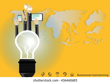 Vector Businessman brainstorming for ideas Modern communication technologies bulb mobile tablet world map flat design