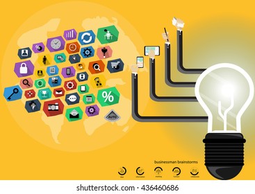 Vector Businessman brainstorming for ideas Modern communication technologies bulb mobile tablet world map and icon flat design